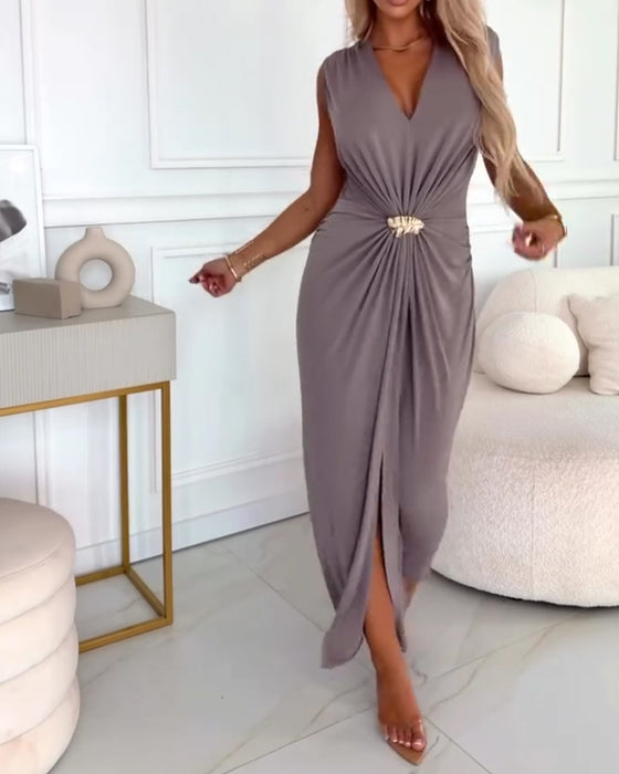 Robe Sans Manches Plissée Taille-Cintrée Maxi