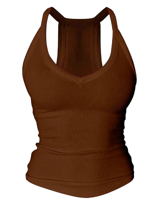 Haut Cami Soutien-Gorge Intégré Col En V Côtes Bretelles Spaghetti