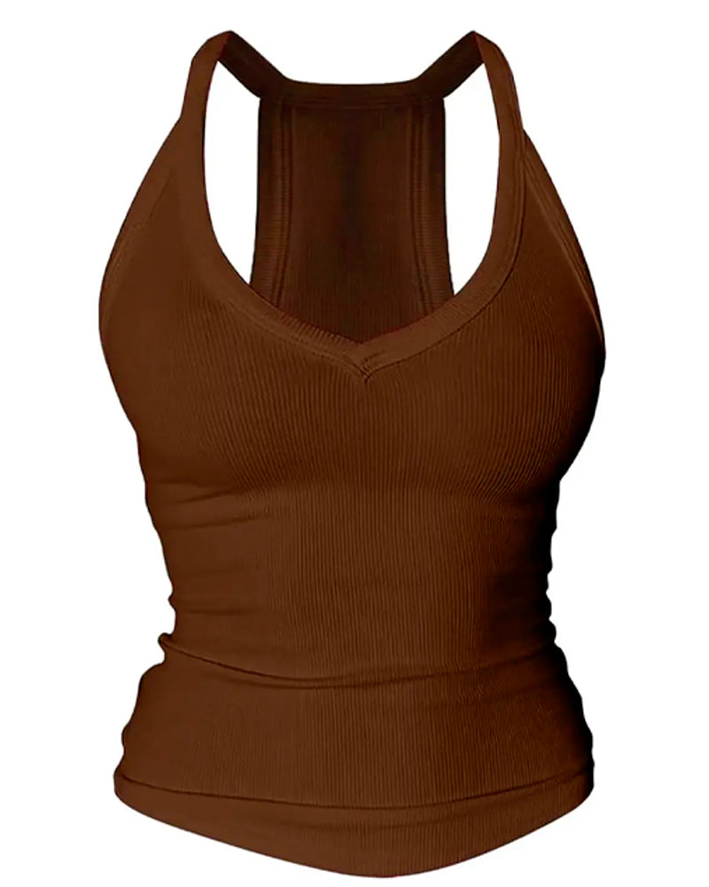 Haut Cami Soutien-Gorge Intégré Col En V Côtes Bretelles Spaghetti
