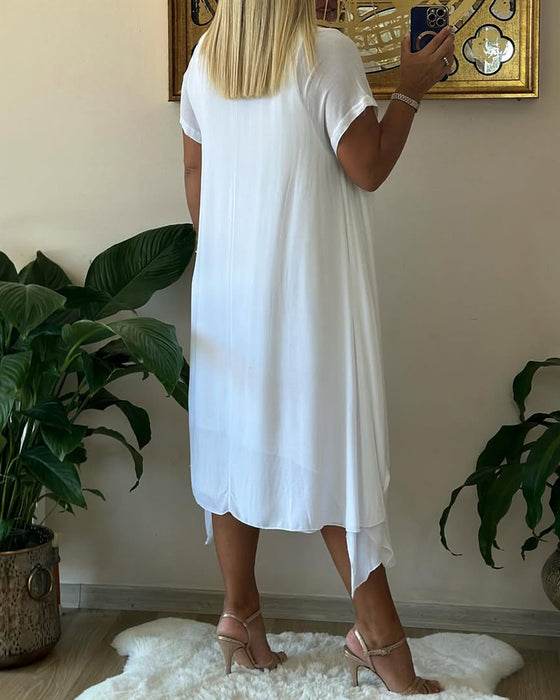 Robe Faux Deux-pièces Double-couche Ample À Manches Courtes