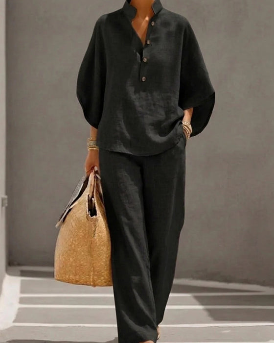 Ensemble Col Monté Manche Chauve-Souris Large Jambe Pantalon