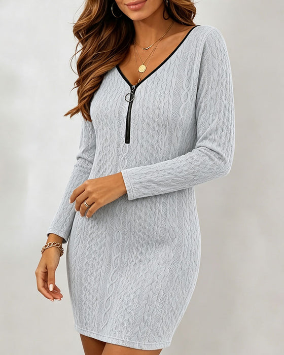 Robe Col En V Fermeture Éclair Décontractée Manches Longues