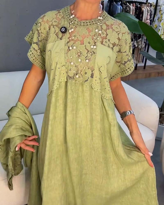 Robe Élégante Dentelle-Garni Patchwork Maxi