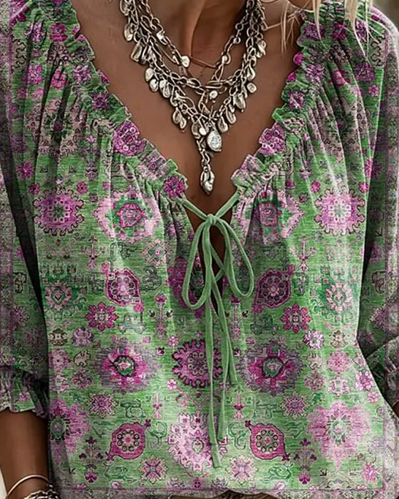 Blouse Col V Attache Vintage Imprimé