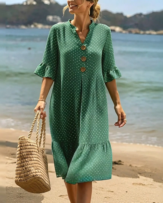 Robe Polka Dot Col V Volanté Manche
