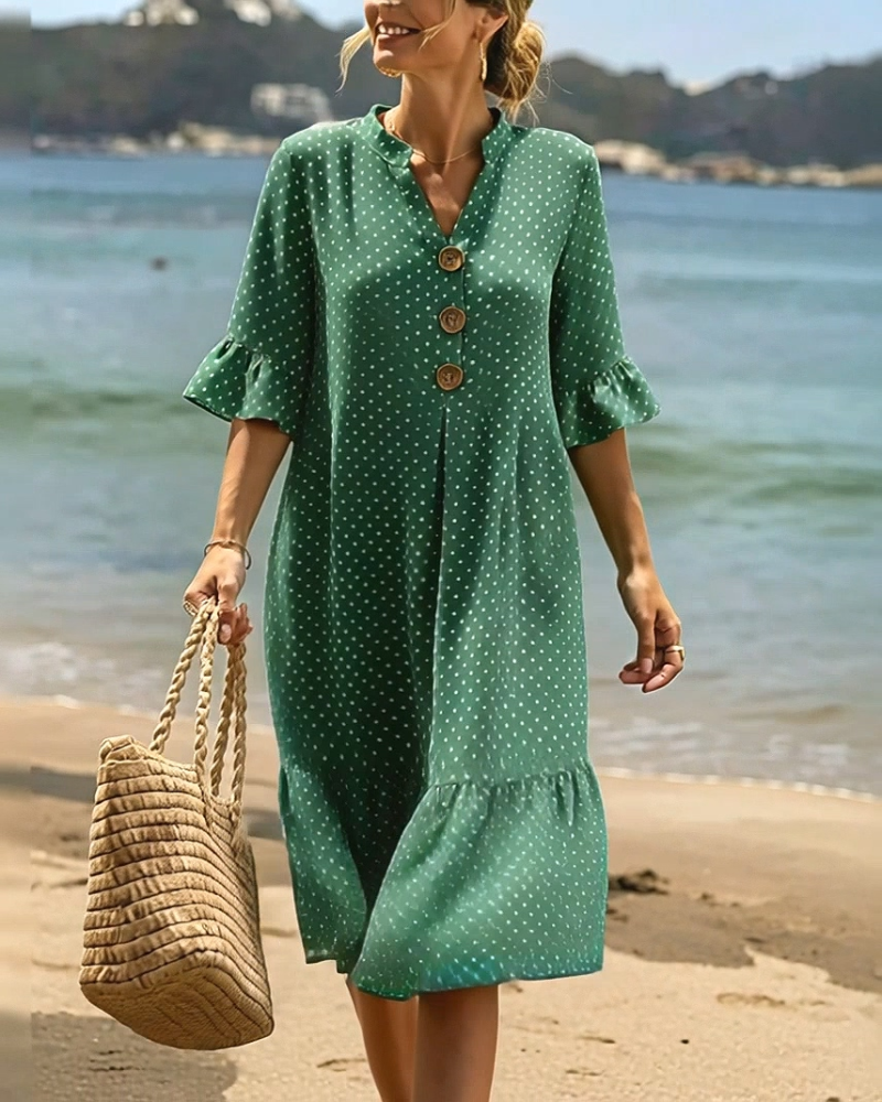 Robe Polka Dot Col V Volanté Manche