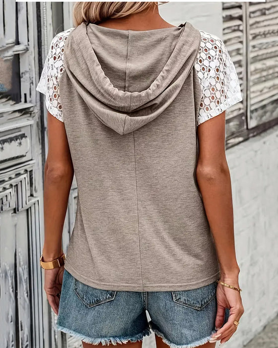 Blouse À Capuche Dentelle Ajourée Décontractée