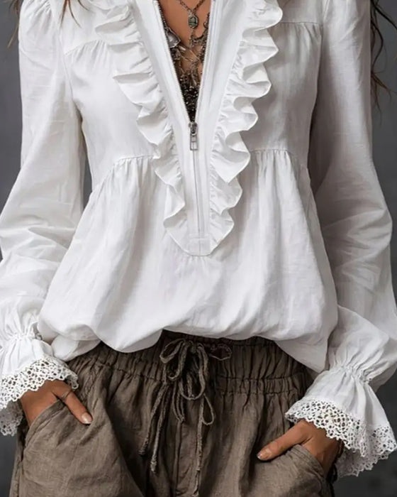 Blouse À Fermeture Éclair Et Manches À Volants