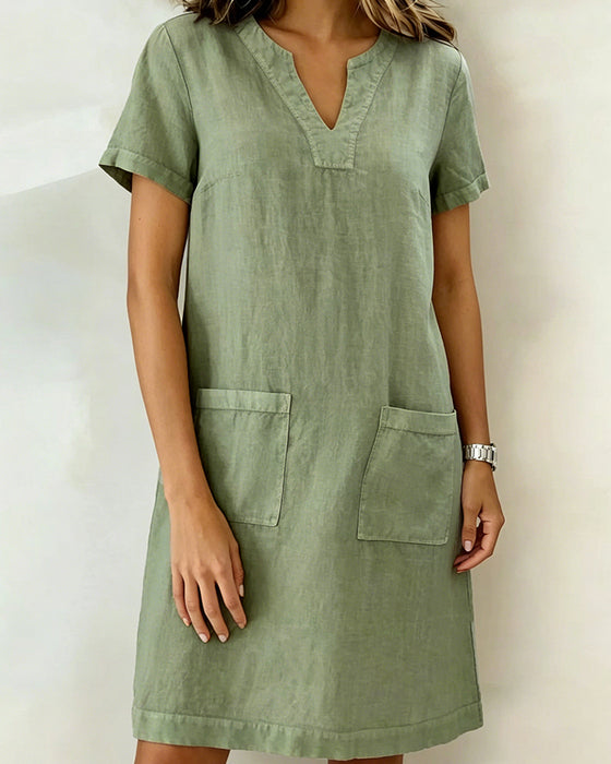 Robe Petit Col V Poche Shift