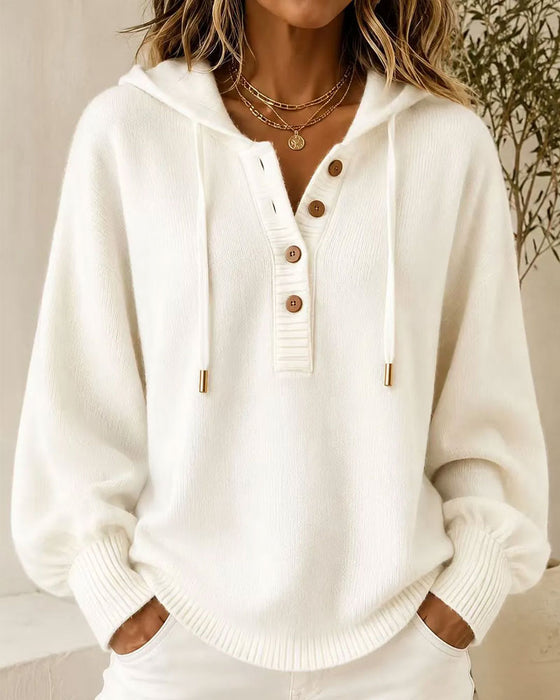 Pullover Capuche Bouton Manche Lanterne Cordon Pull