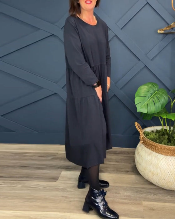 Robe décontractée de couleur unie à col rond et patchwork