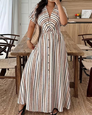 Robe Rayée Manche Courte Revers
