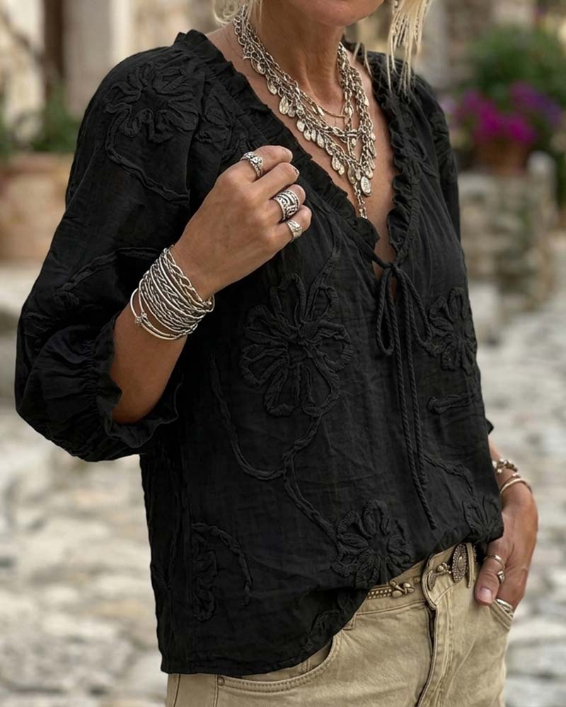 Blouse 100% Coton Col-V Enveloppante À Nœud Volantée