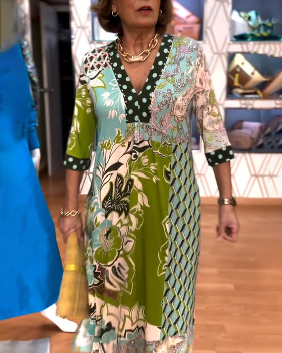 Robe au Col en V avec Impression Vintage et Découpe en Fente