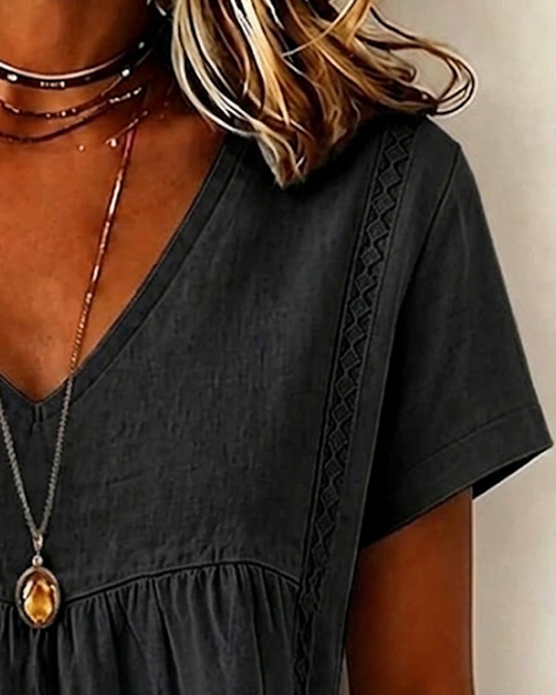 Blouse Col V Froncé Manche Courte