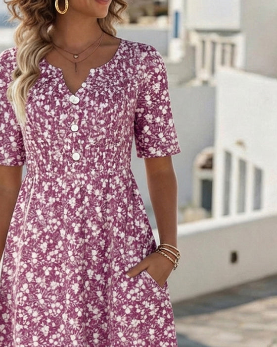 Robe Col V Manches Courtes Fleurie
