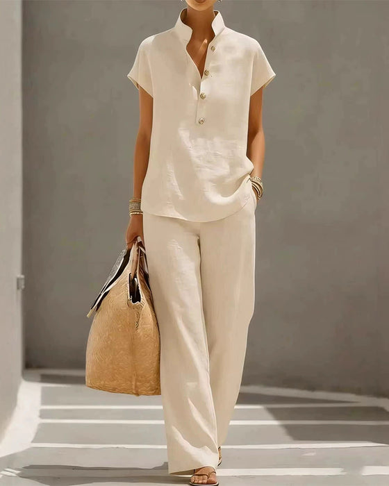 Ensemble Col Montant Bouton Manches Courtes Et Pantalon Long