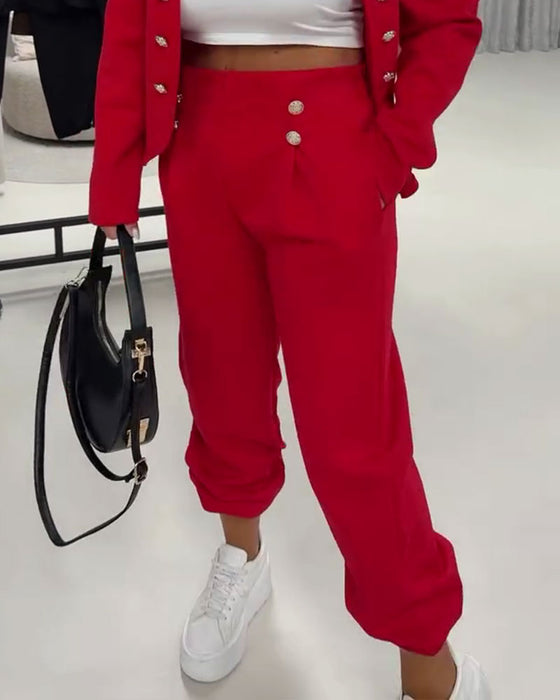 Pantalon Unie Taille Haute Décontracté Bouton