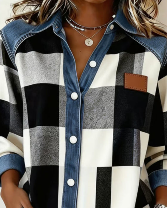 Chemise À Carreaux Bloc De Couleur Denim Patchwork