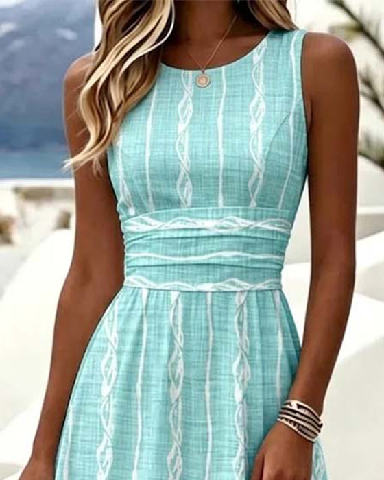 Robe Col Rond Sans Manches Rayée Taille Cintrée
