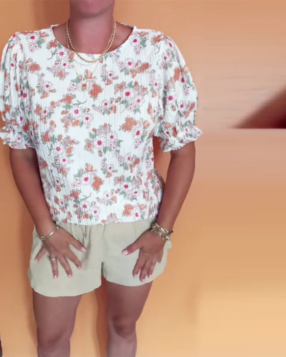 Blouse Col Rond Fleuri Manche Courte