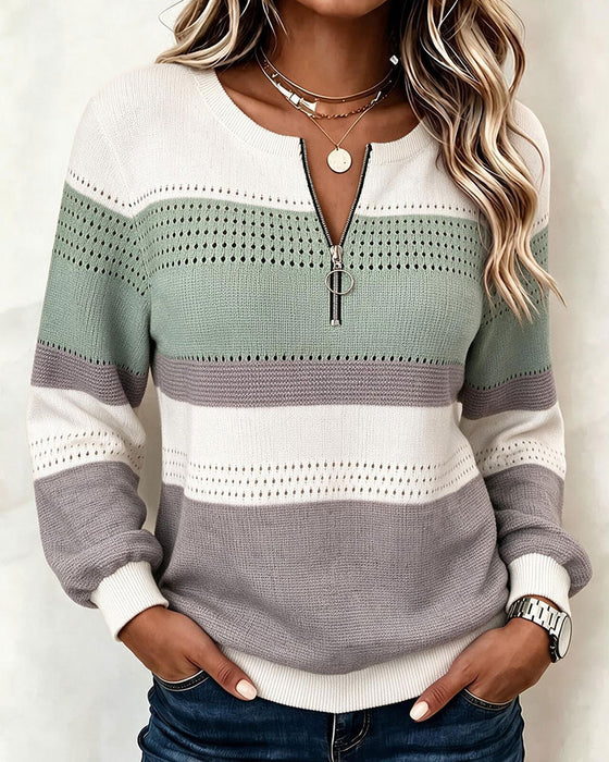 Sweatshirt Bloc De Couleur Rayée Fermeture Éclair