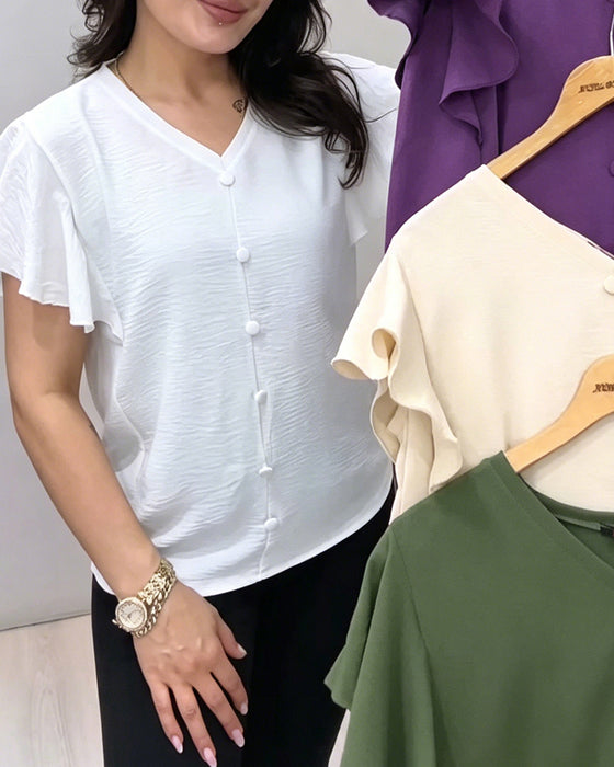 Blouse Col V Bouton Manche Volantée