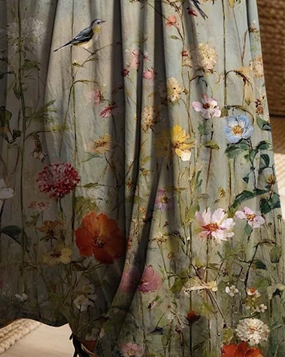 Robe Col De Chemise Fleuri Denim Patchwork