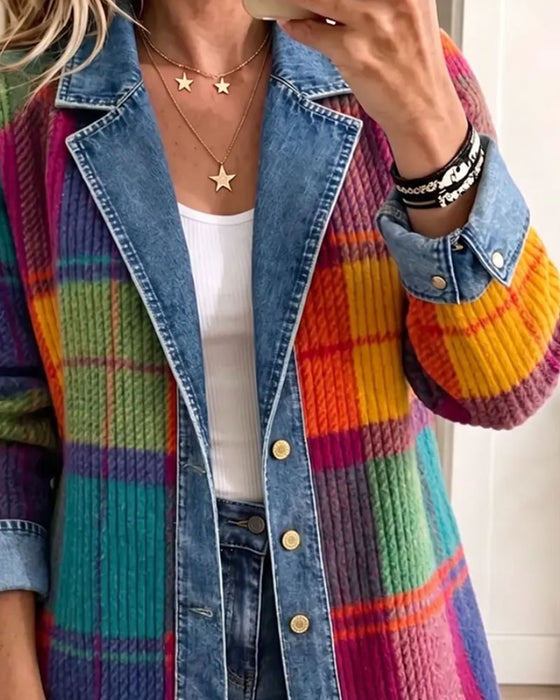 Manteau Col À Revers Bouton Côtelé Bloc De Couleur Denim Patchwork