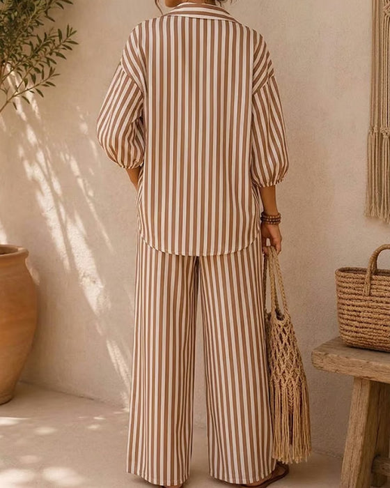 Set Col Chemise Rayure Jambe Large Manche Lanterne