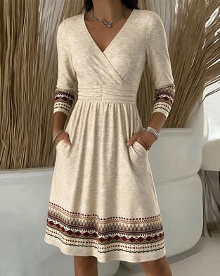 Robe Col V Imprimé Manches Longues Ourlet A