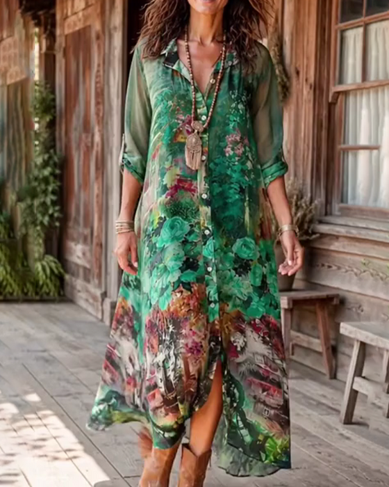 Robe Col Chemise Fente Florale
