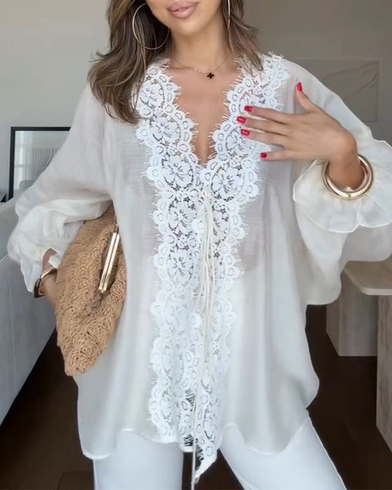 Blouse Col En V Dentelle Panneau Volant