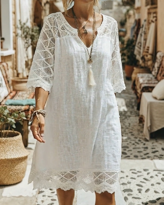Robe Col V Dentelle Patchwork Décontractée