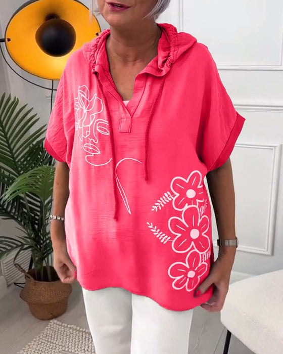 Blouse décontractée à capuche et manches courtes à imprimé floral