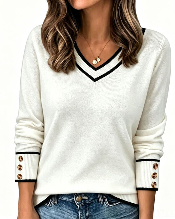 Pullover À Col En V Et Boutons De Contraste