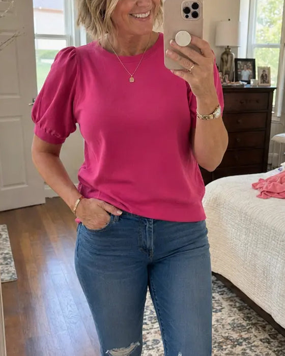 Pull-Over Manche Bouffante Tricoté Manches Courtes