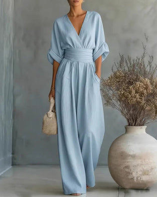 Jumpsuit Col V Croisé Cintré Jambe Large
