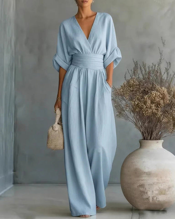 Jumpsuit Col V Croisé Cintré Jambe Large