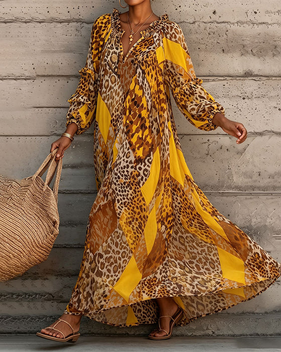 Robe Léopard Bloc De Couleur Volant Col En V