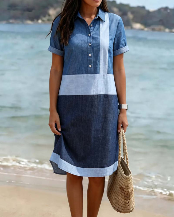 Robe Revers Contrasté Manches Courtes