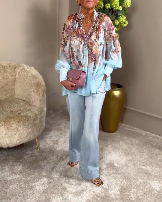 Chemise Manche Lanterne Col Montant Imprimé