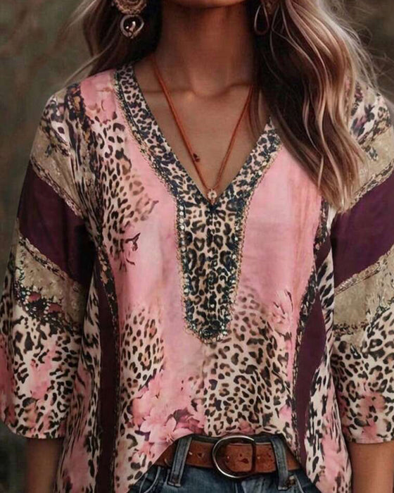 Blouse Col V Léopard Bloc De Couleur