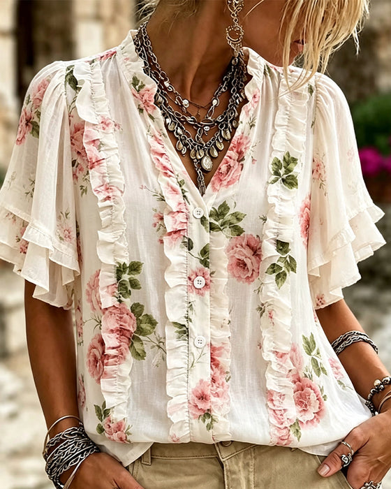 Chemisier Floral Volant Double Ourlet
