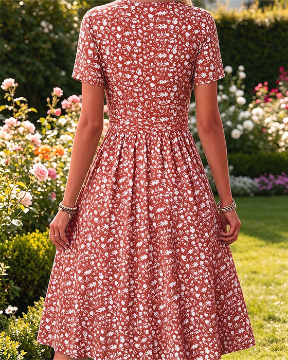 Robe Col En V Manches Courtes Petit Fleuri