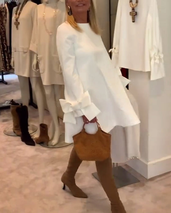 Robe Élégant Col Rond Manche Nœud