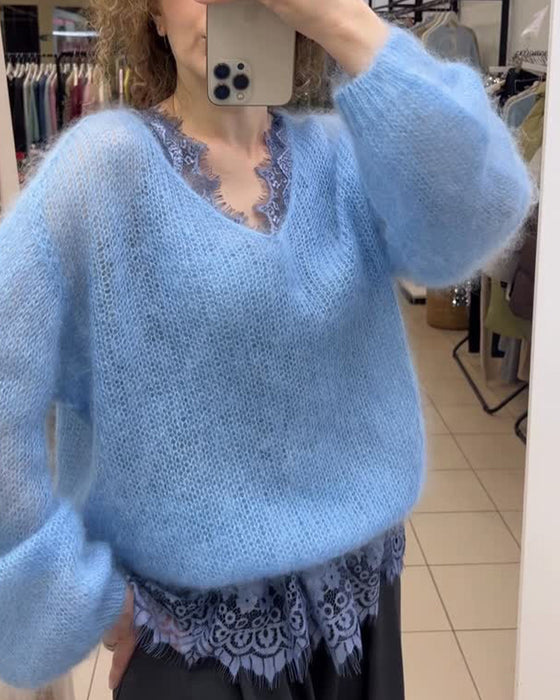 Pullover Col V Uni Patchwork