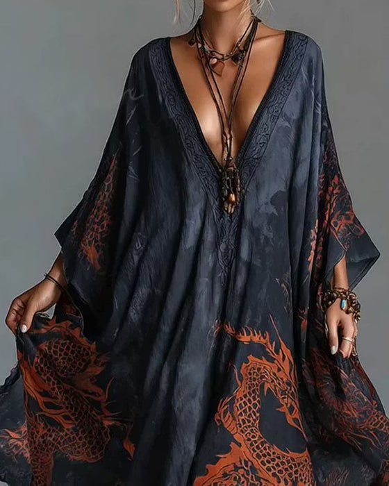 Robe Motif Dragon Rouge Manches Chauve-souris Plongeant Échancré En V