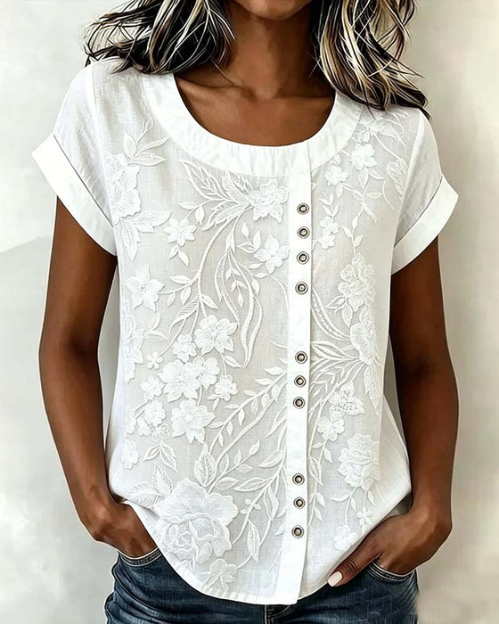 Blouse Fleurie Bouton Col Rond Manches Courtes
