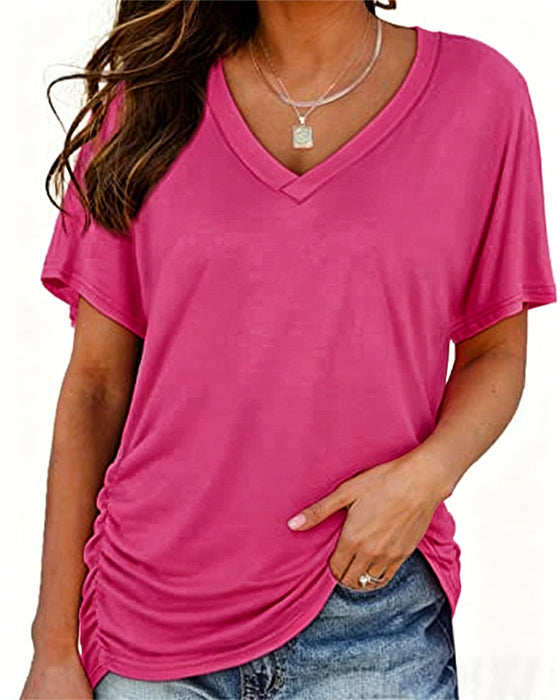 T-Shirt Plissé Uni Col En V